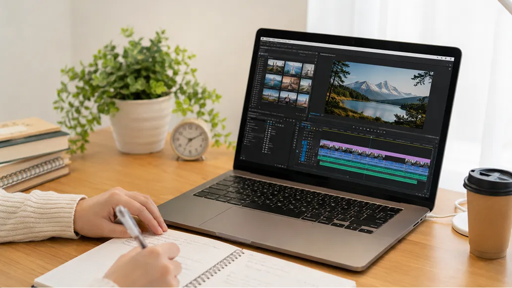 ノートパソコンで動画編集をしながらノートにメモを取る様子